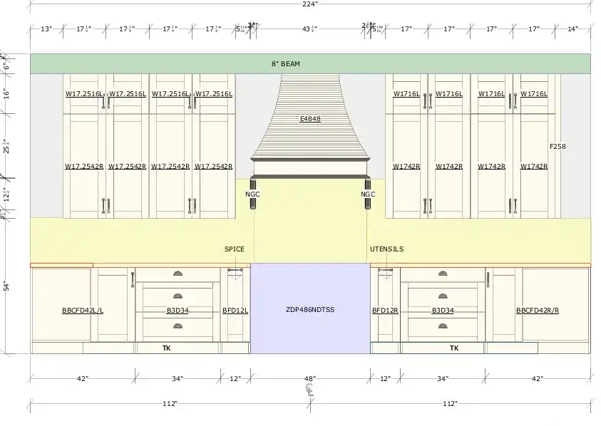 Precision technical CAD elevation with cabinet codes for custom range wall