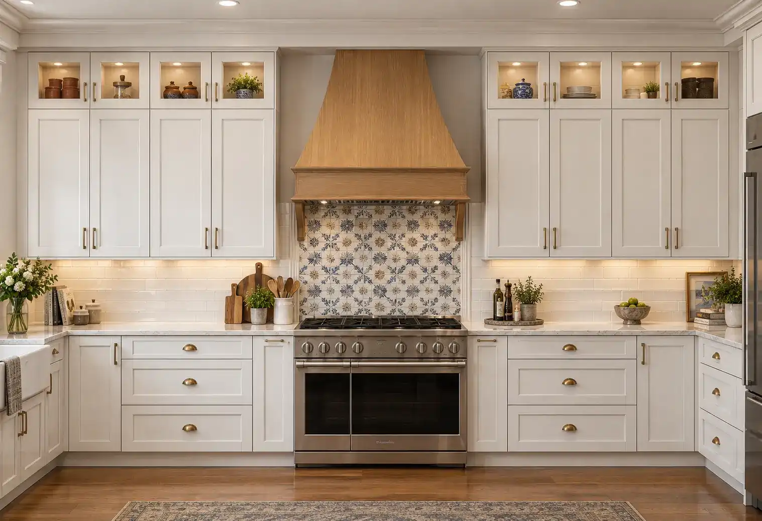 Photorealistic 4K rendering of custom white millwork range wall with patterned tile backsplash