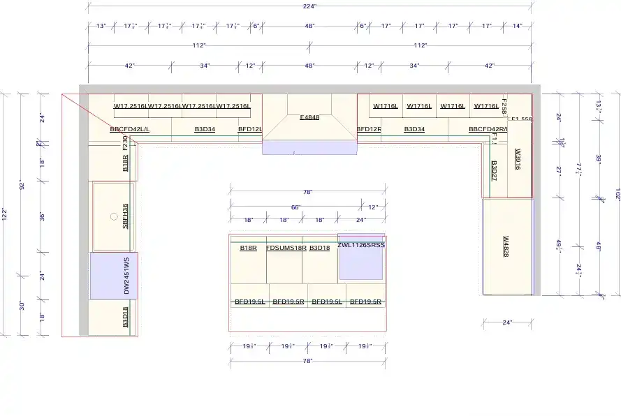 Architectural CAD floor plan drawing with cabinet schedules for 224 inch kitchen