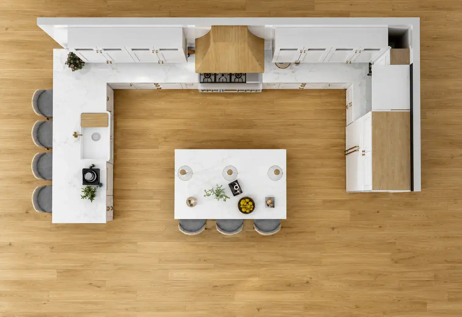 Photorealistic 4K overhead rendering of 224 inch kitchen layout with island and range hood