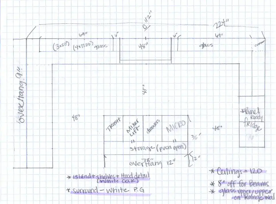 Original hand-drawn field layout sketch with measurements for 224 inch kitchen